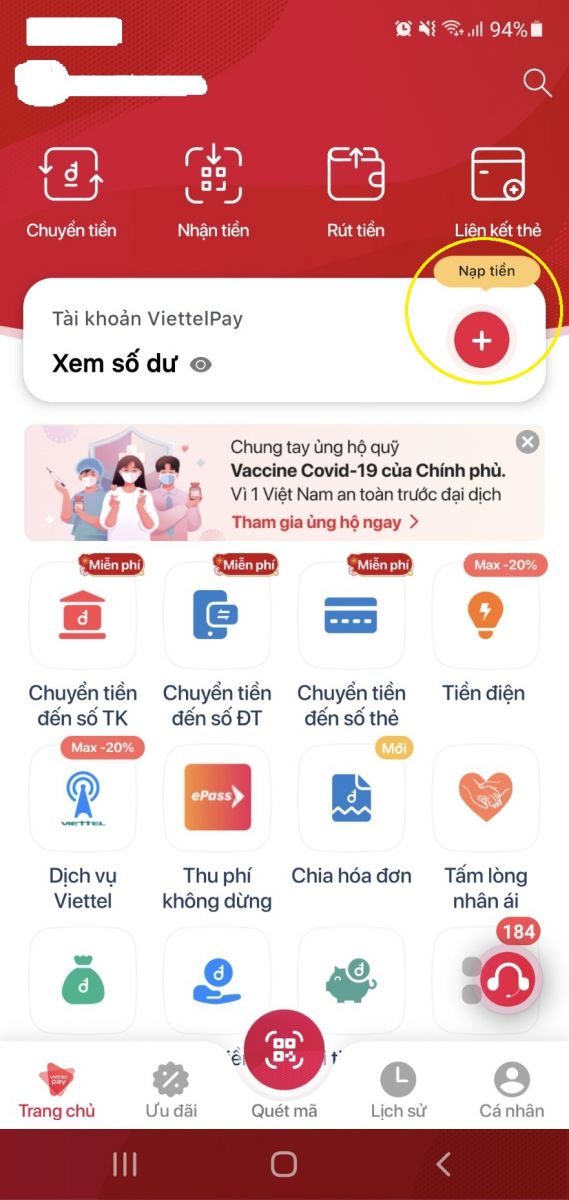 Nạp tiền qua ngân hàng viettel pay